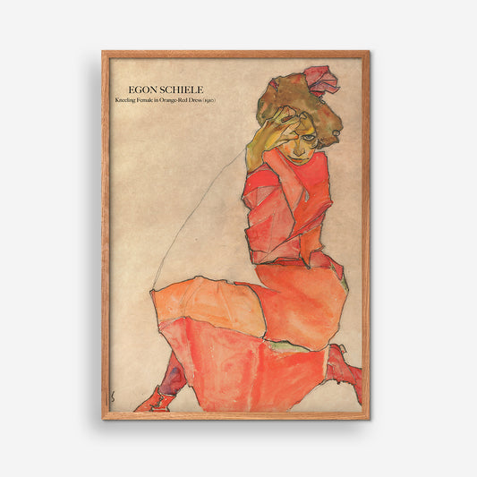 Knelling Female in Orange-Red Dress - Egon Schiele